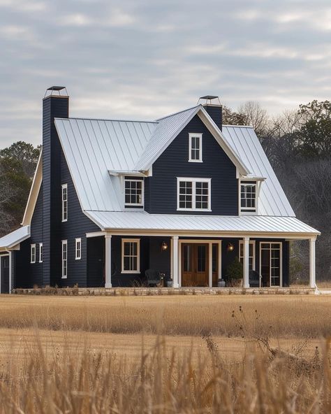 Dark Blue Exterior, Farm Style House, Lake Houses Exterior, Barn House Design, Blue Exterior, Amazing Homes, Backyard Fireplace, Dark House, Backyard Renovations