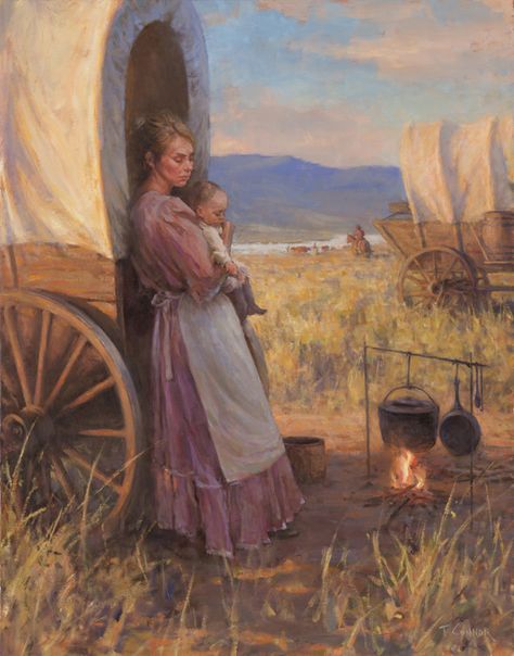 American Pioneers, American Frontier Aesthetic, Pioneer Life, Cowboy Pictures, Western Artwork, Mother Art, Western Artist, Lds Art, Cowboy Art