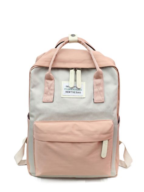 Slogan Patch Detail Square Backpack -SheIn(Sheinside) Square Backpack, Women Backpack Fashion, Stylish Mom, Backpack Material, Adjustable Bag, Back Bag, Hiking Backpack, Cute Bags, Outfits Summer