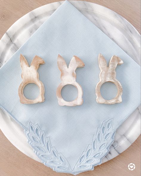 Easter Napkin Holders, Spring Napkins, Easter Napkin Rings, Bunny Napkin Rings, Easter Fabric Crafts, Blue Cloth Napkins, Easter Napkins Rings, Easter Bunny Decor, Grandmillenial Style