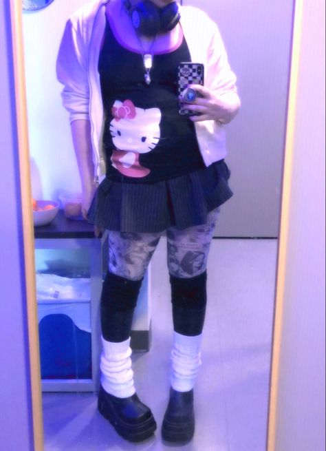 Leg Warmer Outfit, Mall Goth Aesthetic, Hello Kitty Shirt, Clown Core, Pinstripe Skirt, Leg Warmer, Goth Aesthetic, Kid Core, Grunge Y2k