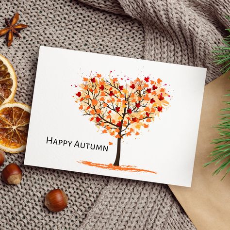 "Cute, cute, cute! A simple and perfect way to celebrate Fall. \"Happy Autumn\" featuring the word Happy Autumn with an Autumn Tree. Seasonal Fall blank greeting card. Give them out to friends, family, and/or co-workers. This card is 5.50\" height x 4.25\" width. Card come blank so you can write a special message inside. White envelopes included.  Multiple quantities available! Printed on bright white cardstock.  Printed with a high resolution printer. Colors may vary from monitor to monitor!" Hand Drawn Thanksgiving Cards, Fall Card Ideas Diy, Autumn Cards Watercolor, Fall Wedding Cards Handmade, Colored Pencil Cards, Gina K Autumn Splendor, Autumn Thank You Cards, Drawing On Envelopes, Autumn Card Ideas