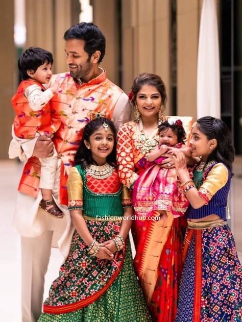 Vishnu Manchu family in Traditional outfits! | Fashionworldhub Manchu Vishnu Daughters Dresses, Paithani Family Outfits, Patola Dress For Kids, Kalamkari Family Outfits, Family Traditional Outfits Indian, Manchu Vishnu Family, Family Wedding Outfits, Kids Traditional Wear Indian, Pattu Langa