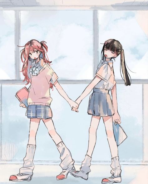 illustration of two girls holding hands in a school hallway. the hallway has windows giving a pleasant view of blue cloudy skies. One girl has long pink hair with top half tied up on each sides. the other girl has long black hair put into pigtails. the pink haired girl seems to be dragging along the black haired girl by her hand. both girls are in school-outfit attire with pleated skirts. Introverted, Illustrator, Instagram Profile, Instagram Photos, On Twitter, Twitter, On Instagram, Instagram