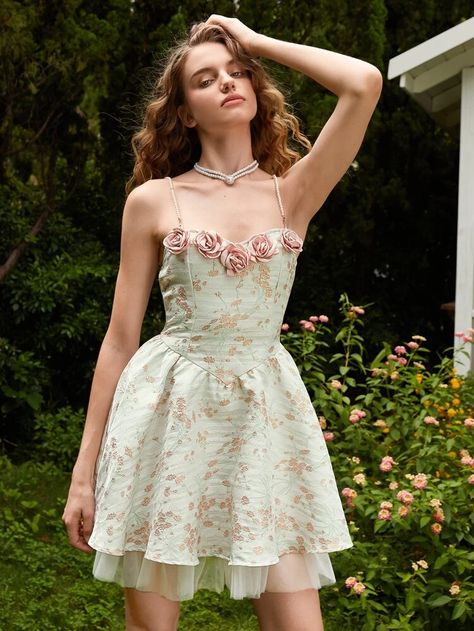 SHEIN MOD Floral Print Applique Detail Dress | SHEIN USA Dress Poses, Coquette Outfits, Gentle Style, Random Outfits, Barbie Aesthetic, Sport Clothing, Gorgeous Outfits, Pastel Dress, Spring Wear