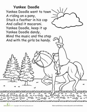 Kindergarten Music Worksheets: Yankee Doodle! Nursery Rhymes Preschool Crafts, Patriotic Songs, February Lessons, Nursery Rhymes Preschool, Yankee Doodle Dandy, Children Songs, America Theme, Circle Time Songs, Kindergarten Music