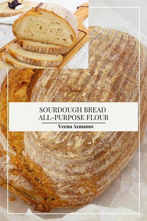 Learn how to make easy sourdough bread with all purpose flour, by hand. It only takes a few minutes to mix, a few hours to rise, and a few more to bake. Sourdough Bread All Purpose Flour, Sourdough Bread Without Bread Flour, Bread With All Purpose Flour, Sour Dough Bread Starter Recipe, Soft Sourdough Bread, Dough Starter Recipe, All Purpose Flour Recipes, Easy Sourdough Bread, Starter Sourdough