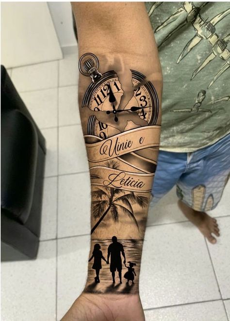 Baby Tattoo For Dads, Family Sleeve Tattoo, Family Tattoos For Men, Father Tattoos, Family Tattoo Designs, Forarm Tattoos, Cool Arm Tattoos, Cool Forearm Tattoos, Tattoo For Son