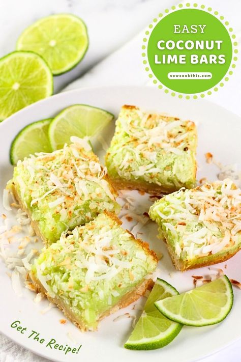 4 coconut lime bars on a white plate with lime slices with text overlays that say easy coconut lime bars, now cook this dot com, and get the recipe Lime Coconut Dessert, Coconut Lime Bars, Lime Curd Desserts, Sweet Lime, Finger Desserts, Lime Cookies, Lime Bars, Ceramic Baking Dish, Coconut Desserts