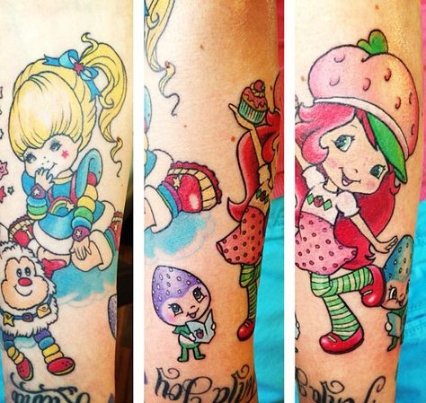 Rainbow bright and strawberry shortcake were my favorite when I was little so would get this tattooed! Rainbow Bright Tattoo, 80s Cartoon Tattoos, Rainbow Brite Tattoo, Tattoos Strawberry, 80s Tattoo Ideas, Childhood Tattoos, Strawberry Shortcake Tattoo, 80s Tattoo, Neon Tattoos