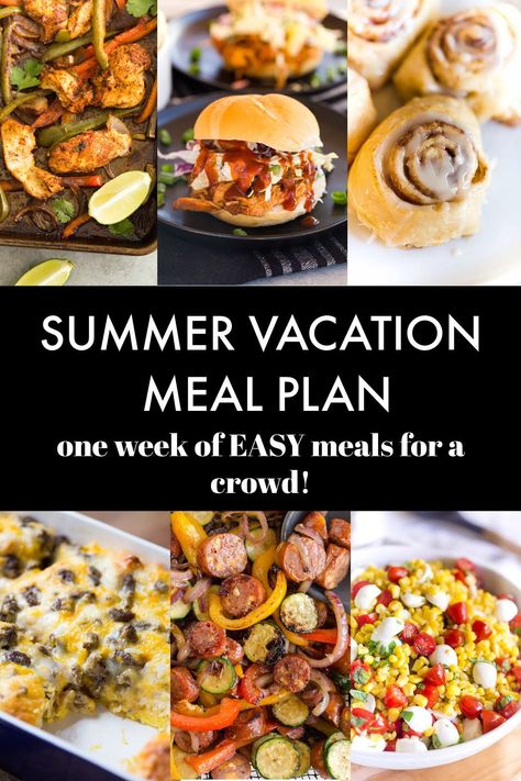 Planning a week at the cabin for a summer vacation? One of the biggest preparations in planning a week away at an Airbnb, cottage, or a cabin is planning the meals and this meal plan has it all planned for you! Vacation Cooking Ideas, Vacation Meals For A Crowd, Meal Plan For One, Summertime Dinners, Easy Vacation Meals, Meals For A Crowd, Vacation Meal Planning, Airbnb Cottage, Cabin Food