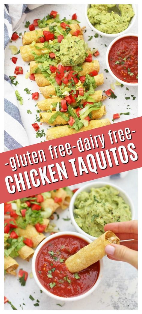 Baked Chicken Taquitos, Homemade Taquitos, Gluten Free Dairy Free Dinner, Dairy Free Bread, Crunchy Chicken, Dairy Free Recipes Dinner, Dairy Free Snacks, Gluten Free Appetizers, Dairy Free Dinner