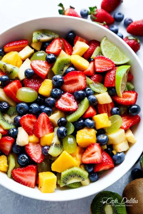 Honey Lime Fruit Salad, Lime Fruit Salad, Easy Fruit Salad Recipes, Berry Fruit Salad, Lime Fruit, Honey Lime Dressing, Best Fruit Salad, Fruit Salad Easy, Cafe Delites