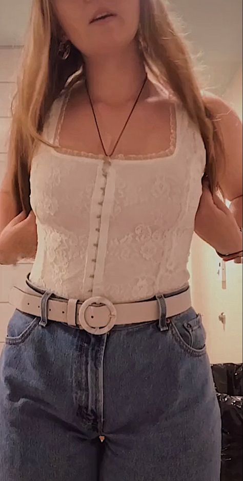 offwhite lace corset top with vintage levi jeans, and a white leather belt and crystal necklace outfit (wore with dr. martens not pictured) Crystal Necklace Outfit, Vintage Levi Jeans, Corset Top Outfit, Necklace Outfit, Lace Corset Top, Vintage Levis Jeans, Top Outfit, Lace Corset, Vintage Levis