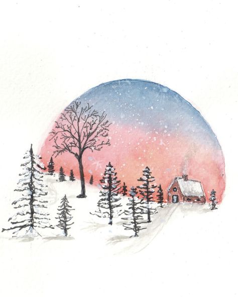 Christmas Scene Watercolor, January Watercolor Ideas, Winter Watercolor Art, Watercolor Christmas Cards Ideas Winter Scenes, Watercolor Winter Art, Winter Watercolor Ideas, Winter Glass Painting, Christmas Landscape Drawing, Postcard Art Ideas