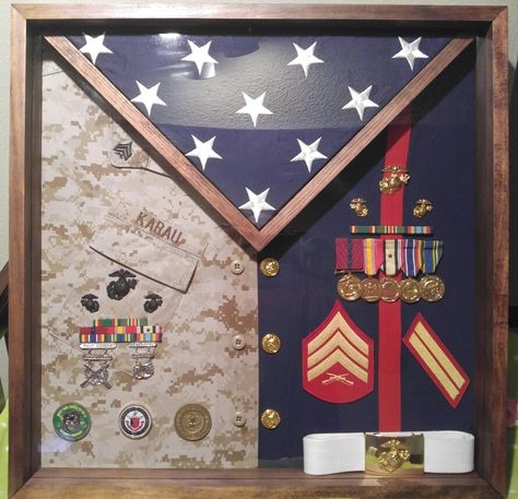 Shadow box after 8 1/2 yrs of being a United States Marine Diy Retirement Gifts, Military Shadow Box Ideas, Shadow Box Ideas Diy, Army Retirement, Shadow Box Ideas, Military Crafts, Military Shadow Box, Awesome Woodworking Ideas, Military Decor