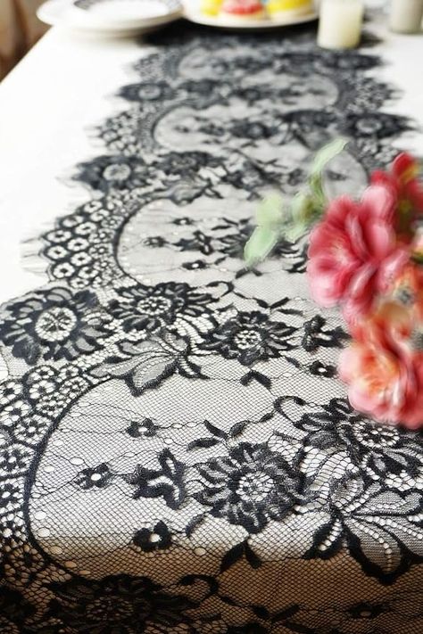 Amazon.com: 14 x 120 Inches Black Lace Table Runner Decoration Anniversary Embroidered Doilies Party Supplies Vintage Lace Centerpiece Theme for Christmas Boho Wedding Bridal Baby Shower Decorations : Home & Kitchen Black Lace Table Runner, Leather And Lace Party Theme, Leather And Lace Party, Lace Centerpieces, Masquerade Prom, Romantic Candle Light Dinner, Lace Table Runner, Vintage Centerpieces, White Bridal Shower