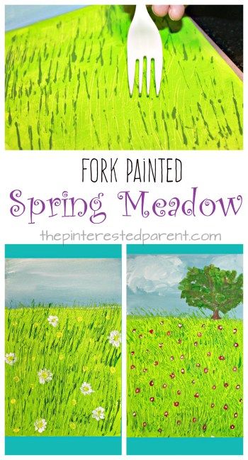 Fork Painted Spring Meadow - kids art projects for the spring. Fun arts and craft and painting technique Glow Crafts, Childrens Art Projects, Bahasa China, Spring Art Projects, Spring Meadow, Spring Fun, Spring Crafts For Kids, Fun Arts And Crafts, Cool Art Projects