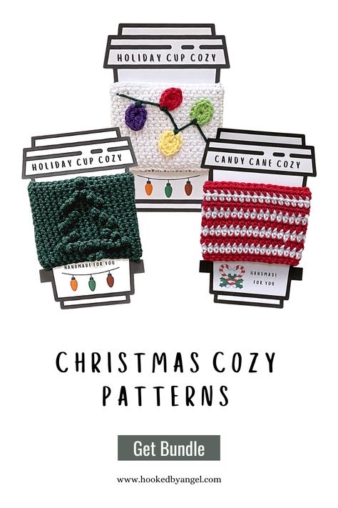 Three festive Christmas cup cozy patterns, and matching cup cozy printable template bundle. Easy Christmas crochet gift patterns that work up quick, and are fun to make. Pair the finished items with the cup cozy cutout to achieve a colorful professional look. Perfect pairing for gifting or selling your finished cozies. #christmascupcozypattern #cupcozyprintabletemplate #easyChristmascrochetgift #cupcozypattern #coffeecozypattern #quickcrochetgift #christmascrochetteachergift Christmas Coffee Cozy Crochet Pattern, Christmas Cup Cozy Crochet, Christmas Crochet Coozie, Cup Cozy Printable, Crochet Grinch Cup Cozy, Christmas Cup Cozy, Crochet Gift Patterns, Crochet Holiday Cup Cozy, Easy Christmas Crochet