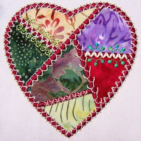 Art Threads: Friday Inspiration - Heart Time! Valentine Ornaments, Crazy Heart, Crazy Quilts Patterns, Crazy Quilt Stitches, Crazy Quilt Blocks, Patchwork Heart, Crazy Patchwork, Fabric Hearts, Crazy Quilt