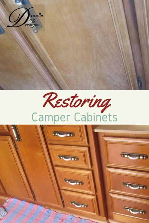 Restoring Vintage Camper Cabinets - DoodleDog Designs Primitives Camper Kitchen Cabinets, Camper Cabinets, Kitchen Restoration, Rv Cabinets, Restore Wood, Camper Kitchen, Brick Material, Diy Kitchen Projects, Diy Kitchen Countertops