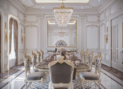 Classical Dinning Room on Behance Royal Dining Room, Neoclassical Dining Room, Classic Living Room Design, Dining Room Design Luxury, Granny House, Royal Houses, Classic Dining Room, Buddha Decor, Dinning Set