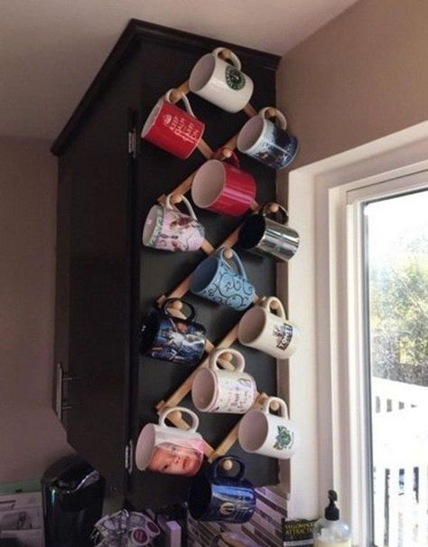 16. Wall Mount Expanding Coffee Mug Rack | 23 Awesome Ways To Organize Your Coffee Mug Storage; The Last Storage Is Ingenious Mug Wall Rack, Coffee Mug Wall Rack, Coffee Mug Storage, Coffee Mug Rack, Mug Storage, House Storage, Kitchen Storage Hacks, Coffee Cup Holder, Kitchen Organisation