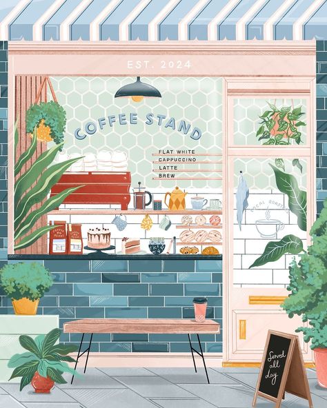 This week a has been fuelled by coffee ☕️🌿 • I’ve had some ideas of some other shop fronts I would like to illustrate in the future, but I … | Instagram Coffee Shop Wall Art, Coffee Shop Wall, Travel Art Journal, Inspired Illustration, Shop Illustration, Shop Fronts, Phone Art, Cute Coffee, Lifestyle Art