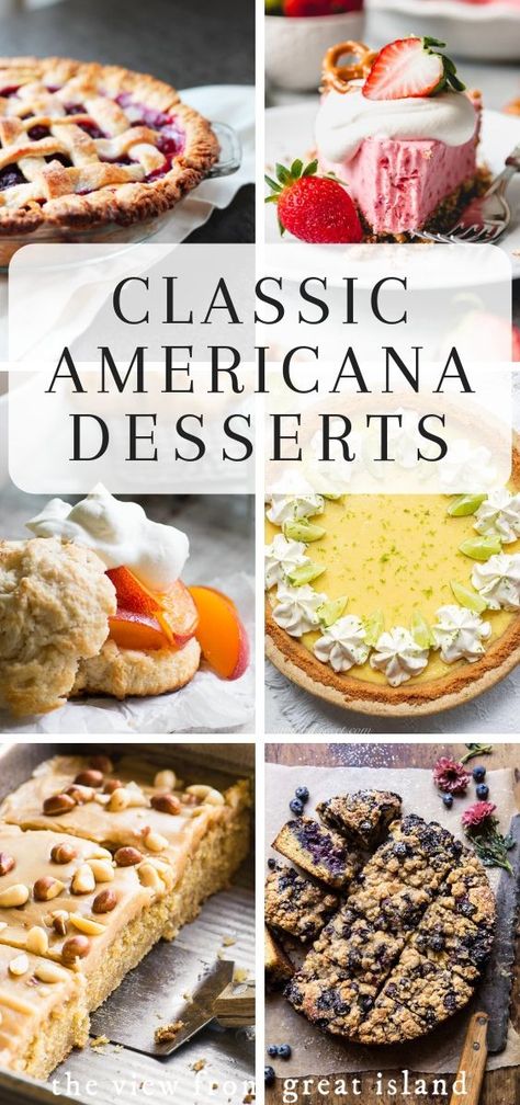 Americana Desserts ~ from classics to those 'only in America' specialties, these dessert recipes take you from July 4th to your last cookout of the summer. #dessert #summer #American #pie #4thofjuly #buckle #crumble #creampie #cake #keylime #strawberry #shortcake #patriotic July4th Desserts, 4 July Desserts, Casual Desserts, Southern Summer Desserts, Americana Recipe, American Cake Recipes, American Cakes Ideas, Desserts For Restaurants, America Desserts