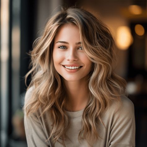 Woman with Tousled Blonde Highlights on Wavy hair Short Blonde Hair Color Ideas For Summer Shoulder Length, Facial Framing Highlights, Blonde Highlights On Wavy Hair, 2024 Hair Color Trends For Women Blonde, Long Hair Trends 2024, Warm Lowlights For Blondes, Blonde Hair 2024, 2024 Blonde Hair Trends, Soft Blonde Balayage