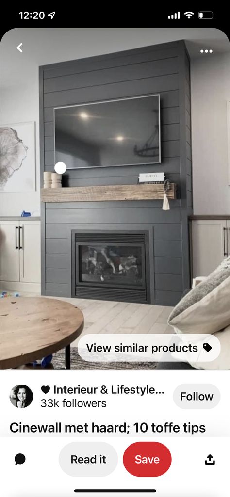 Black Fireplace With Grey Walls, Shiplap Fireplace Grey, Brick And Shiplap Fireplace With Tv, Shiplap Accent Wall With Fireplace, Matte Black Shiplap Wall, Dark Grey Fireplace Wall, Dark Gray Shiplap Fireplace, Dark Grey Shiplap Fireplace, Black Vertical Shiplap Fireplace