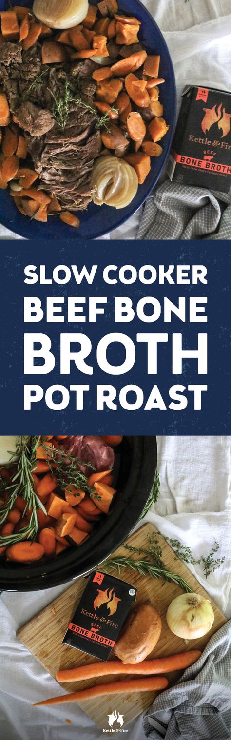 A tender beef slow cooker pot roast, cooked in beef bone broth for extra flavour and simmered with rosemary and thyme. Served with sweet potatoes, this hassle-free recipe is what Sunday dinner dreams are made of. Broth Soups, Slow Cooker Bone Broth, Broth Benefits, Slow Cooker Pot Roast, Pot Roast Crock Pot Recipes, Rosemary And Thyme, Crockpot Dinners, Bone Broth Recipe, Quick And Easy Soup