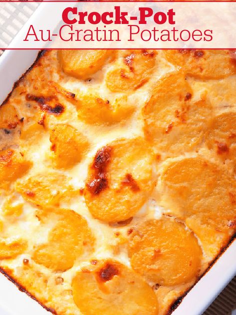 Crock-Pot Au-Gratin Potatoes - This easy and delicious recipe for Crock-Pot Au-Gratin Potatoes comes out so creamy and cheesy. The perfect side dish to serve on any special occasion! [Gluten Free, Low Sugar & Vegetarian] #CrockPotLadies #CrockPot #SlowCooker #Christmas #ChristmasRecipes #Easter #EasterRecipes #SideDish #SideDishRecipes #Spring #SpringRecipes #Thanksgiving #ThanksgivingRecipes #ThanksgivingSideDish #Winter #WinterRecipes #ComfortFood #AuGratinPotatoes Au Gratin Potatoes Crockpot, Potatoes In Crock Pot, Crock Pot Vegetables, Au Gratin Potatoes, Au Gratin Potato Recipes, Gratin Potatoes, Crock Pot Potatoes, Potatoes Au Gratin, Potato Side Dishes