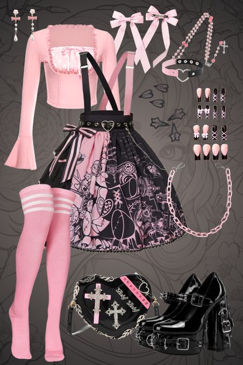 -`♡´- pink + black + bows + ribbons + chains + cross + pearls + rosary + hearts + stars + nails + chunky heels + hair clips + lolita skirt + socks + top + choker ... pastel goth lolita inspo Pink Goth Aesthetic Outfits, Nails Chunky, Pink Goth Aesthetic, Chains Cross, Shifting Outfits, Stars Nails, Goth Kawaii, Pastel Goth Outfits, Pink Goth