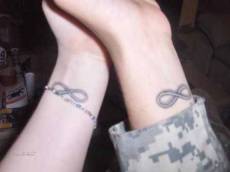 Military Couple With Matching Infinity Tattoos. Jamie and I are doing this very soon, but we're going to have lyrics from our wedding song with it. Matching Infinity Tattoos, Military Couple, Celtic Tattoo, Infinity Tattoos, Tattoo Design, Tattoos, Design