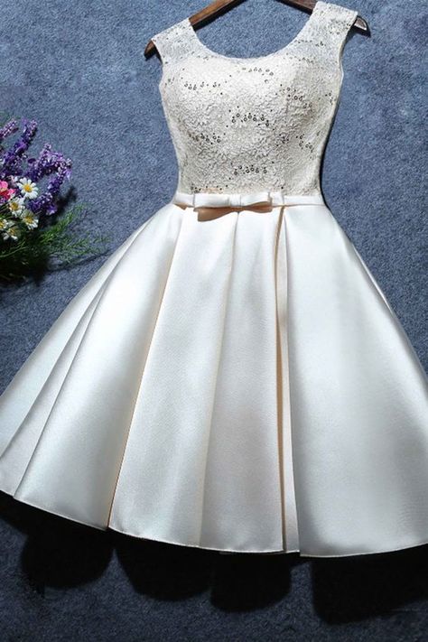 Cute Ivory Satin and Lace Round Neckline Lace-up Teen Formal Dress, Lovely Formal Dresses 2019 Teen Formal Dress, Teen Homecoming Dresses, Future Punk, Formal Dresses For Teens, Dress Display, Short Homecoming Dress, Custom Size Dresses, Dresses For Teens, Homecoming Dress