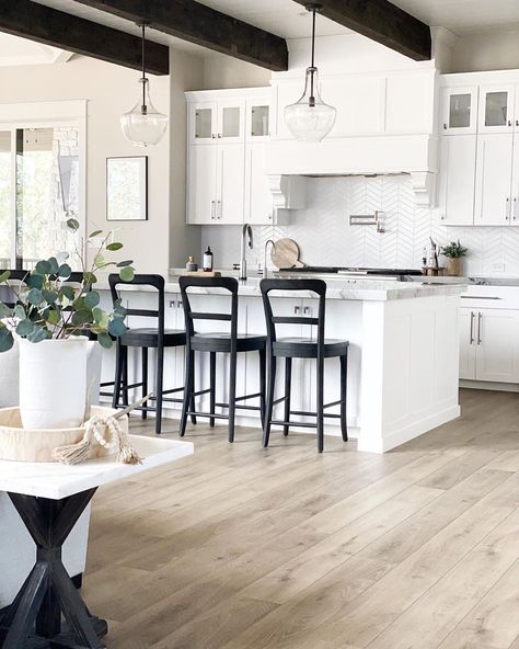 Wood Beams In Kitchen, Beam In Kitchen, Chevron Backsplash, Exposed Beams Ceiling, Beams Living Room, Rustic Wood Floors, Living Room Wood Floor, Light Wood Floors, Wood Beam Ceiling