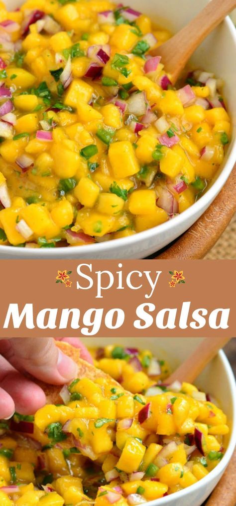 Mango Salsa is an amazing treat that combines juicy, sweet mangoes, spicy jalapeno peppers, red onion, lime juice, a little honey, cayenne, and cilantro. This tropical salsa is a staple in summer cooking. #recipe #salsa #mango #spicy #topping #dip Easy Mango Salsa Recipe, Mango Salsa Recipe, Fresh Mango Salsa, Mango Salsa Recipes, Spiced Fruit, Mango Chutney, Salsa Recipes, Spicy Salsa, Mango Recipes