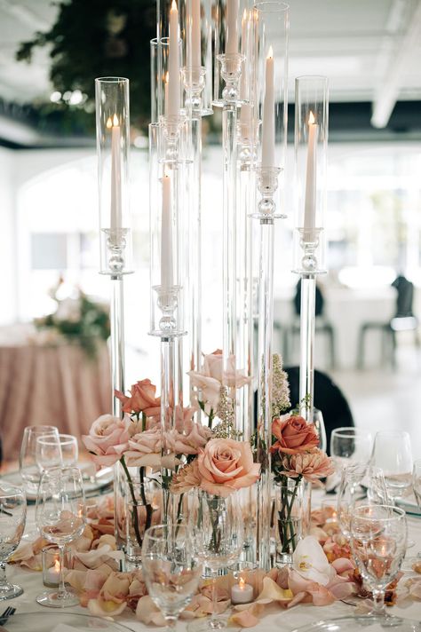 A gorgeous Kansas City wedding industry collaboration at one of the downtown area's newest luxury event spaces, The Maverick. This luxurious styled shoot featured hanging florals, glowing candles, and modern roses with a color palette so rich and warm it's *almost* like you're in Italy on a summer's night. | Photography by Renita Zimmer | Planning by Hitched Planning + Design | Floral by Good Earth Floral Design | Venue at The Maverick Grand Centerpieces Wedding, Candle Arrangements Wedding, Wedding Flower Arrangements Centerpiece, Crystal Candelabra Centerpiece, Crystal Candelabra Wedding Centerpieces, Crystal Candelabra Wedding, Elevated Centerpiece, Night In Italy, Crystal Wedding Decor