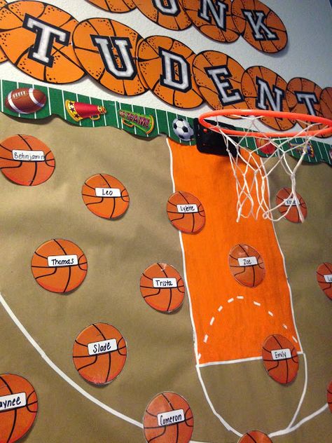 Sports Bulletin Board Ideas, Sports Theme Classroom Decorations, Basketball Bulletin Boards, Basketball Classroom, Sports Bulletin Boards, Vbs Olympics, Sports Theme Classroom, Classroom Arrangement, Sports Classroom