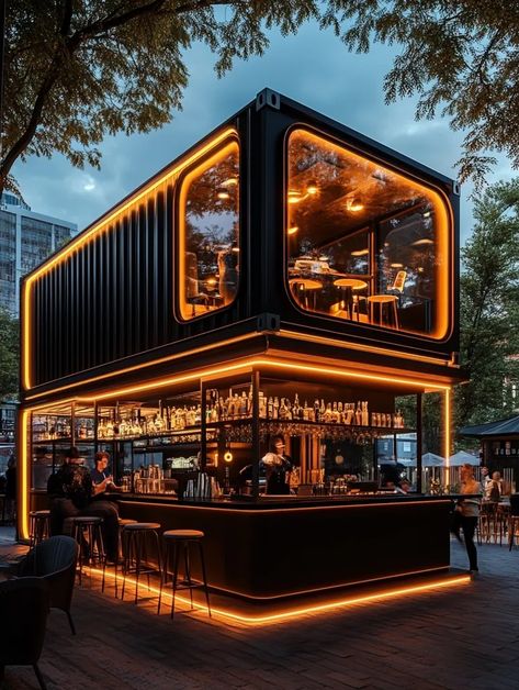 Modern bar made from shipping containers, industrial design, warm lighting. Coffee Exterior Design, Shipping Container Bar Design, Shipping Container Restaurant Design, Container Cafe Interior, Container Cafe Design Ideas, Container Bar Design, Container Cafe Design, Modern Cafe Bar, Container Bar Ideas