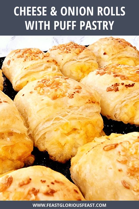 These easy Cheese & Onion Rolls are almost as common on a British buffet as their sausage cousins! Using fluffy potato as a base and packed with onion and tasty cheese, they really are a delicious veggie puff pastry snack. Air fryer and oven instructions included for extra ease! #FeastGloriousFeast Veggie Puff Pastry, Sweet Puff Pastry Recipes, Savoury Pastry Recipe, Cheese And Onion Pasty, Cheese And Onion Pie, Puff Pastry Snacks, Cheese Puffs Recipe, Feast Recipes, Homemade Sausage Rolls