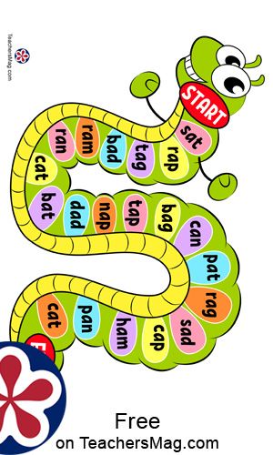 CVC Word Board Game For Kids | TeachersMag.com Games For Cvc Words, Three Letter Words For Kids, Sight Words Chart Ideas, Free Phonics Games, Games For Grade 1, English Games For Kids, Cvc Games, Phonics Cvc Words, Cvc Word Games