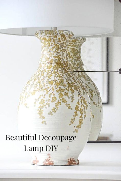 Decoupage Lamp DIY - StoneGable Refurbished Lamps, Diy Flower Pillow, Spray Paint Lamps, Decoupage Lamp, Thrift Store Decor, Lamp Makeover, Lamp Diy, Decoupage Tissue Paper, Decorative Napkins