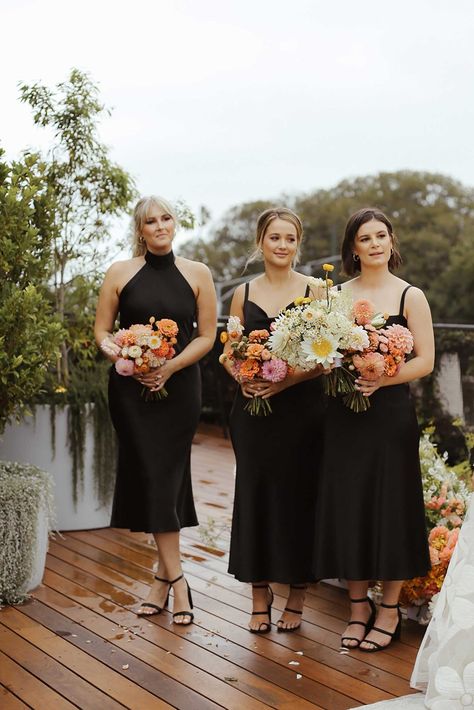 Tea Length Black Bridesmaid Dresses, Black Bridesmaid Dresses Tea Length, Black Bridesmaid Dress Summer Wedding, Black Midi Bridesmaids, Spring Wedding With Black Bridesmaid Dresses, Black Dresses Bridesmaid, Black Midi Dress Bridesmaid, Black And Neutral Bridesmaid Dresses, Black Bridesmaid Outfits