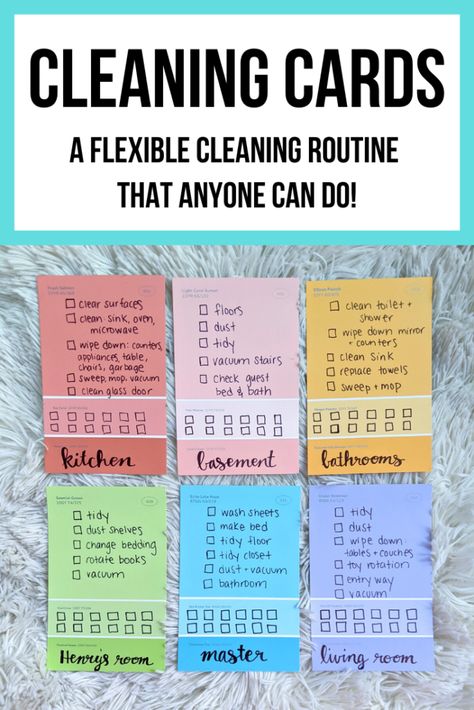 Cleaning cards: an easy and flexible cleaning system/schedule. DIY cards for your own home on index cards or paint samples! #cleaningschedule #flexible #habittracker Cleaning System For Home, Index Card Cleaning System, Index Card Organization, Cleaning Lists, Fly Lady, Monthly Cleaning, Cleaning System, House Cleaning Checklist, Clean Sink