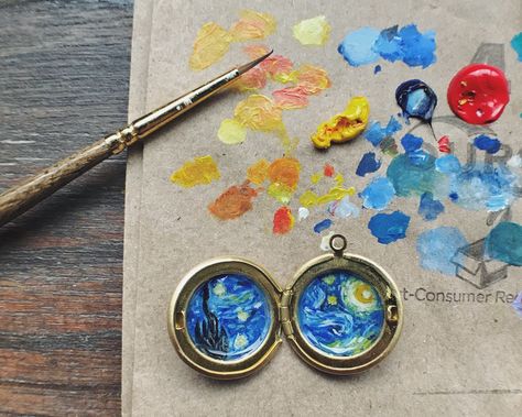 Hand Painted Locket, Locket Painting, Night Stars, Tiny Art, Earring Storage, Dream Studio, Assemblage Art, Mini Paintings, Small Paintings