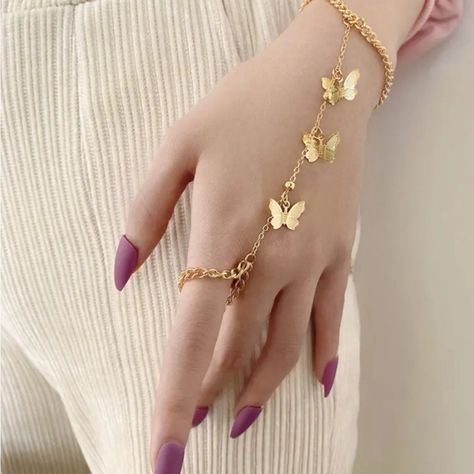 1pc Creative Cute Butterfly Decor Mitten Chain Finger Bracelet Ring, Exquisite Birthday Party Gift For Girls Black Ring Set, Ring Party Jewelry, Finger Bracelets, Summer Beach Jewelry, Hip Hop Rings, Golden Butterfly, Bracelet Ring, Butterfly Ring, Bohemian Rings