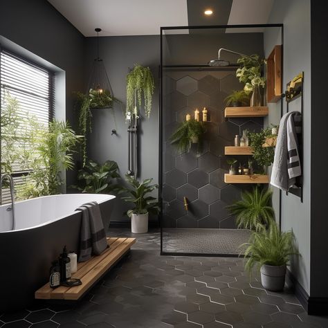 Dark Green And Black Bathroom, Dark Boho Bathroom, Green And Black Bathroom, Black Bathroom Decor Ideas, Zen Bathroom Decor, Moody Bathroom, Black Bathroom Decor, Dark Boho, Mid Century Modern Interior Design