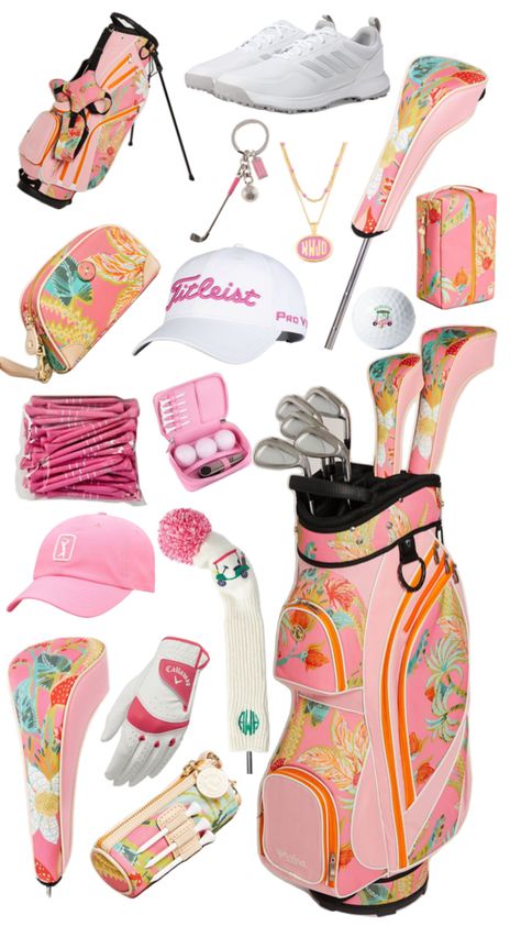 Cute Golf Aesthetic, Girly Golf Aesthetic, Cute Golf Clubs, Pink Golf Clubs, Golf Bag Aesthetic, Cute Golf Bags, Women’s Golf Clubs, Womens Golf Bag, Cute Golfing Outfits For Women